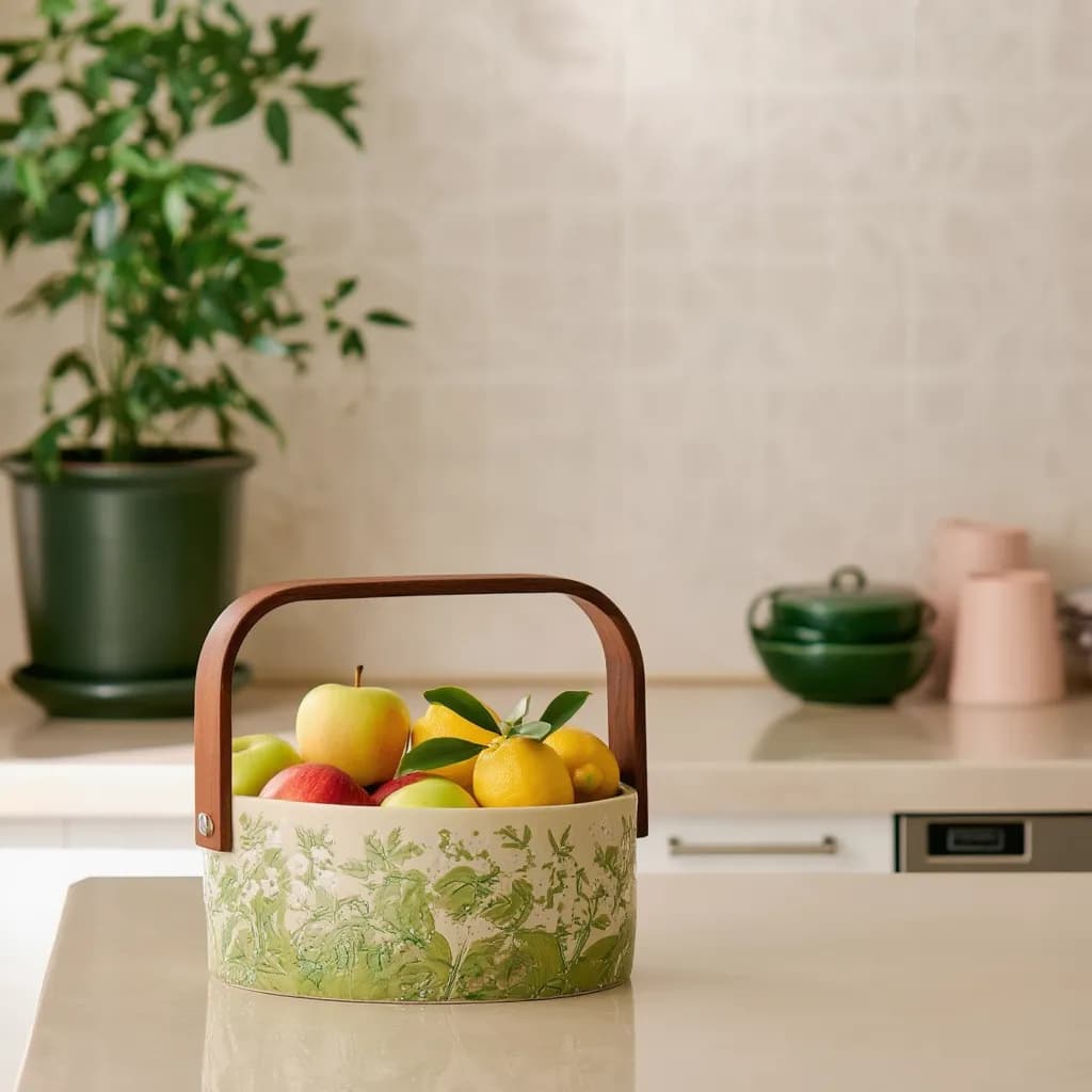 Serving Basket with Wood Handle - Cream Green Floral - Kitchen essentials