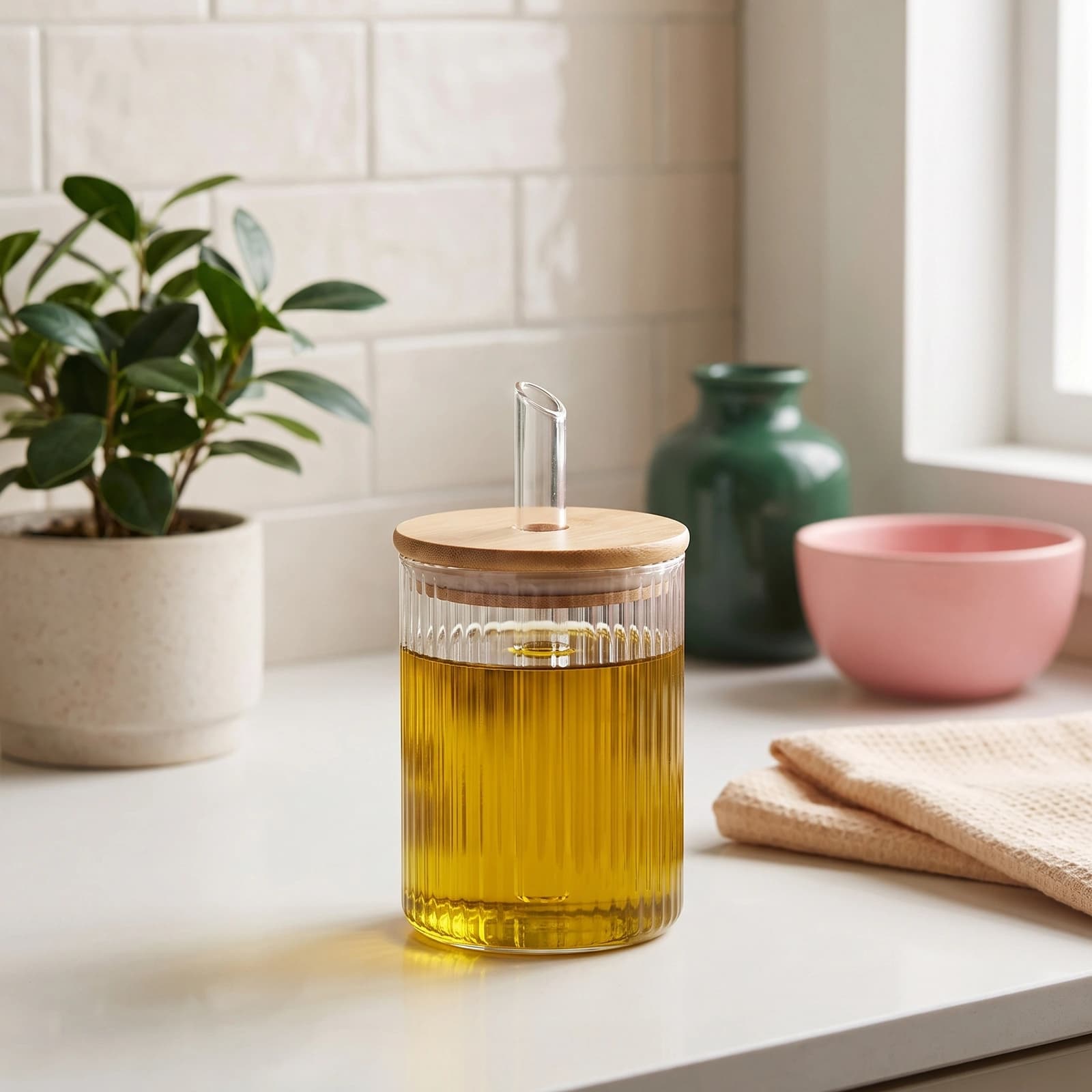 Clear ribbed glass oil dispenser bottle with a light wood lid and a clear glass spout, filled with yellow olive oil, on a wh…
