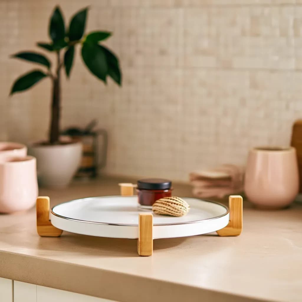 Round white porcelain serving tray with light wood stand on a kitchen counter, holding a small jar and a woven item.