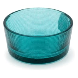 Round teal ribbed glass serving bowl on a white background, showing textured horizontal lines on the exterior. - view 2