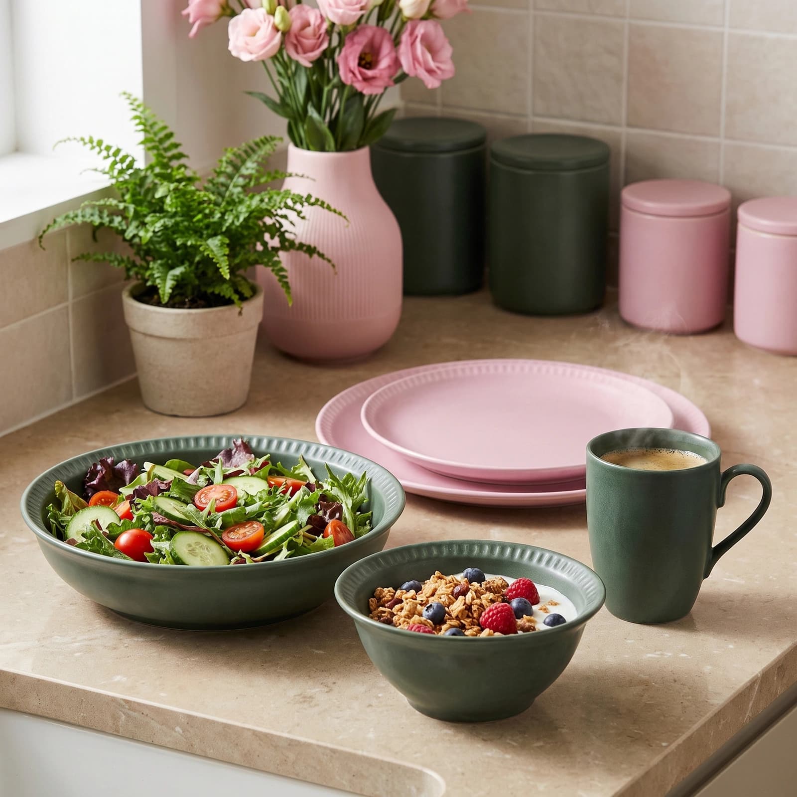 Bianco 30 Pieces Porcelain Dinner Set - Pink & Green