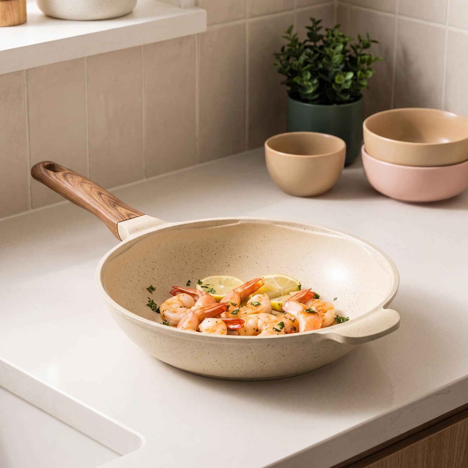 Glory Granite Deep Wok Pan 28cm - Non-Stick Beige - Cookware