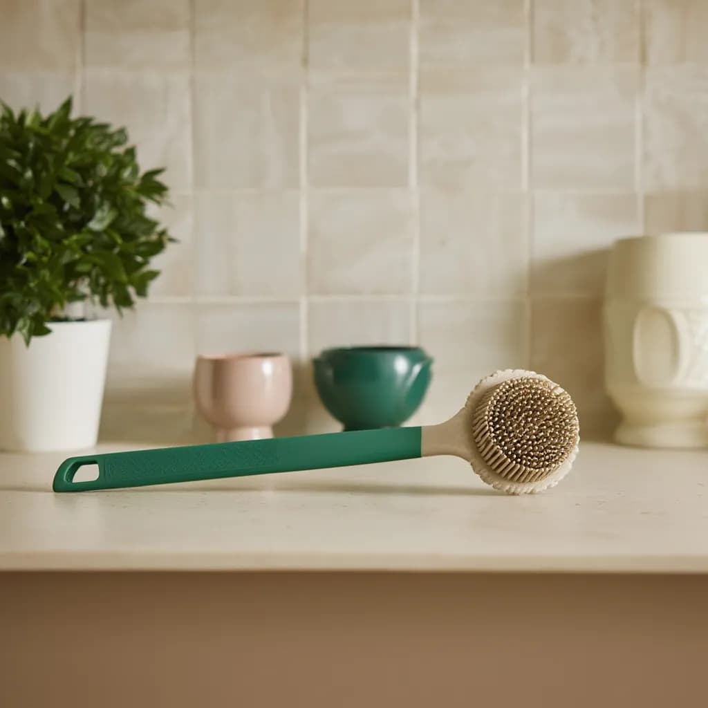Green and beige silicone back scrubber with a long handle lying on a light countertop with plants in the background.