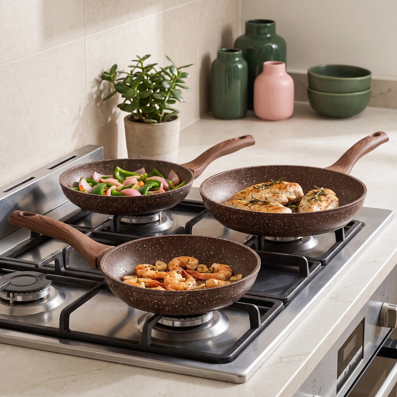 Granite Fry Pan Set - 3 Pieces (20, 24, 28cm) Brown - Cookware