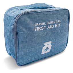 Light blue fabric first aid kit bag with "TRAVEL ESSENTIAL FIRST AID KIT" text and a white medical bottle icon. - view 2