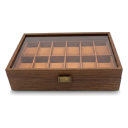 Dark brown wood watch storage box with a clear glass lid, 12 individual light brown velvet-lined compartments, and a gold-to… - view 2