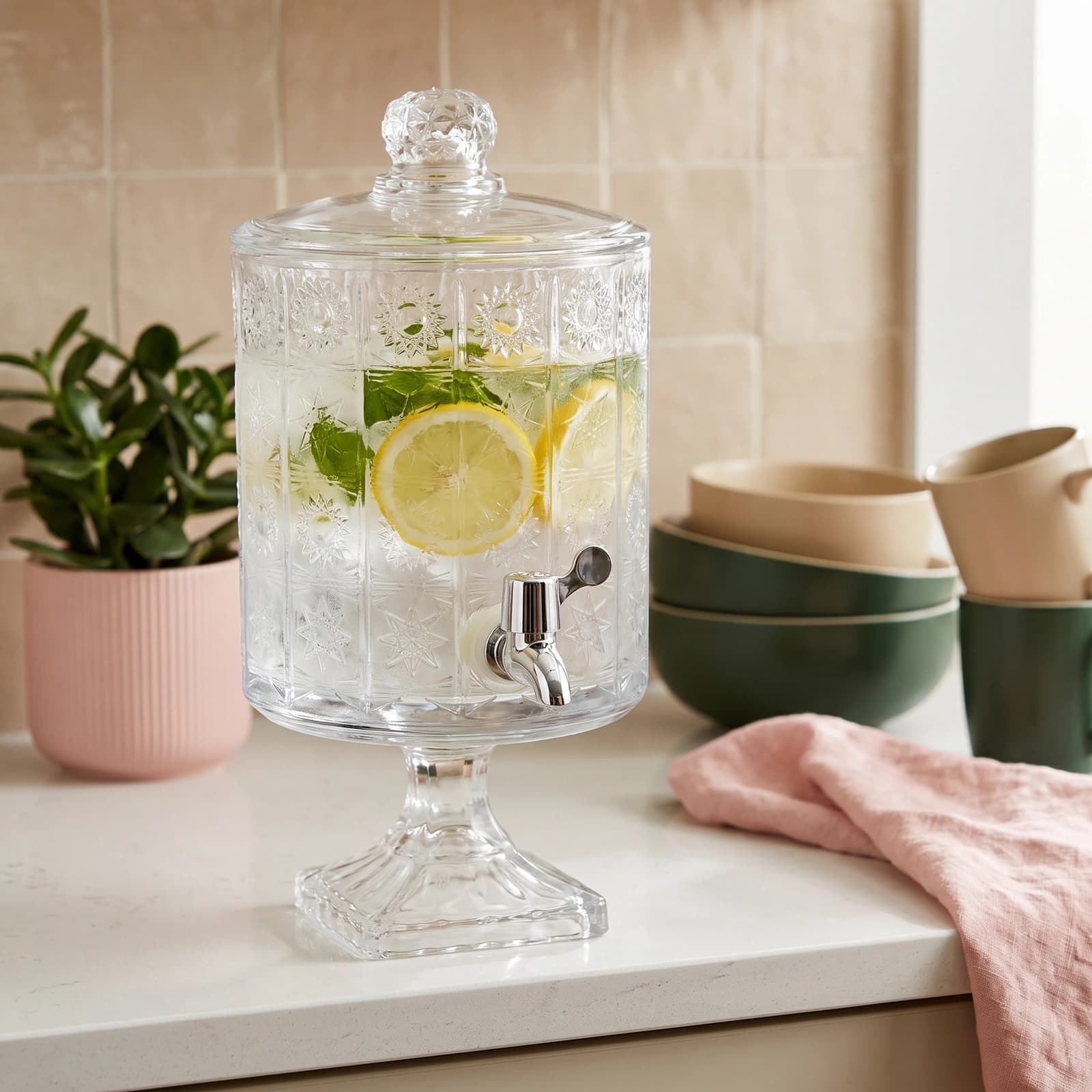Glass Beverage Dispenser with Spigot & Lid - Decorative Pattern - Storage and jars