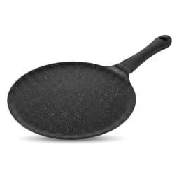 Round dark grey granite non-stick crepe pan with a black plastic handle on a white surface - view 2