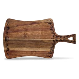 Rectangular acacia wood cutting board with a handle and black floral etching on a white background - view 3