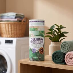 Green cylindrical container of laundry scent booster beads with pine cone and leaf design, 230g, on a white foam background. - view 1