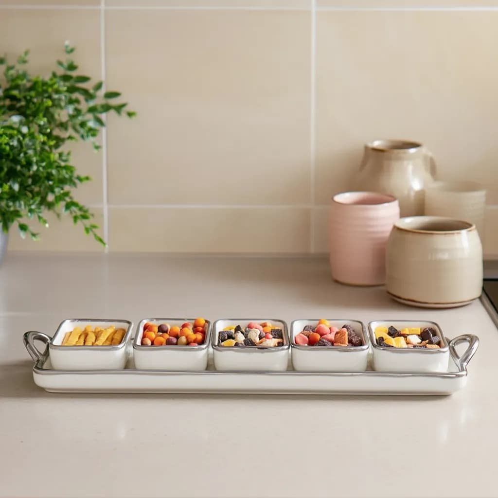 Porcelain Serving Set with 5 Bowls & Tray - Cream Silver Trim - Serving trays