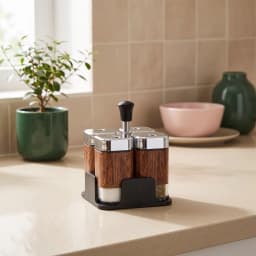 Four square glass spice jars with brown wood-grain pattern, silver tops, and a black stand on a white background. - view 1