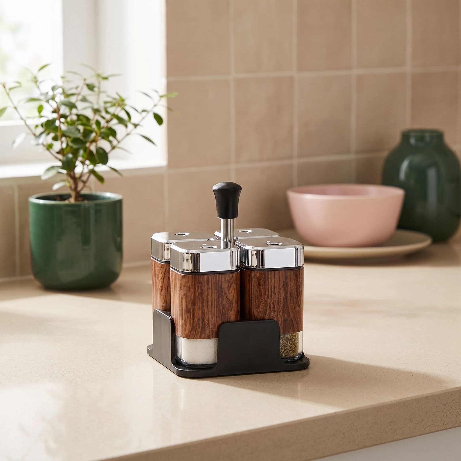 Four square glass spice jars with brown wood-grain pattern, silver tops, and a black stand on a white background.