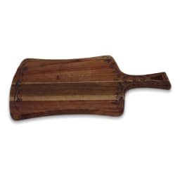 Rectangular acacia wood cutting board with a handle and black floral etching on a white background - view 2