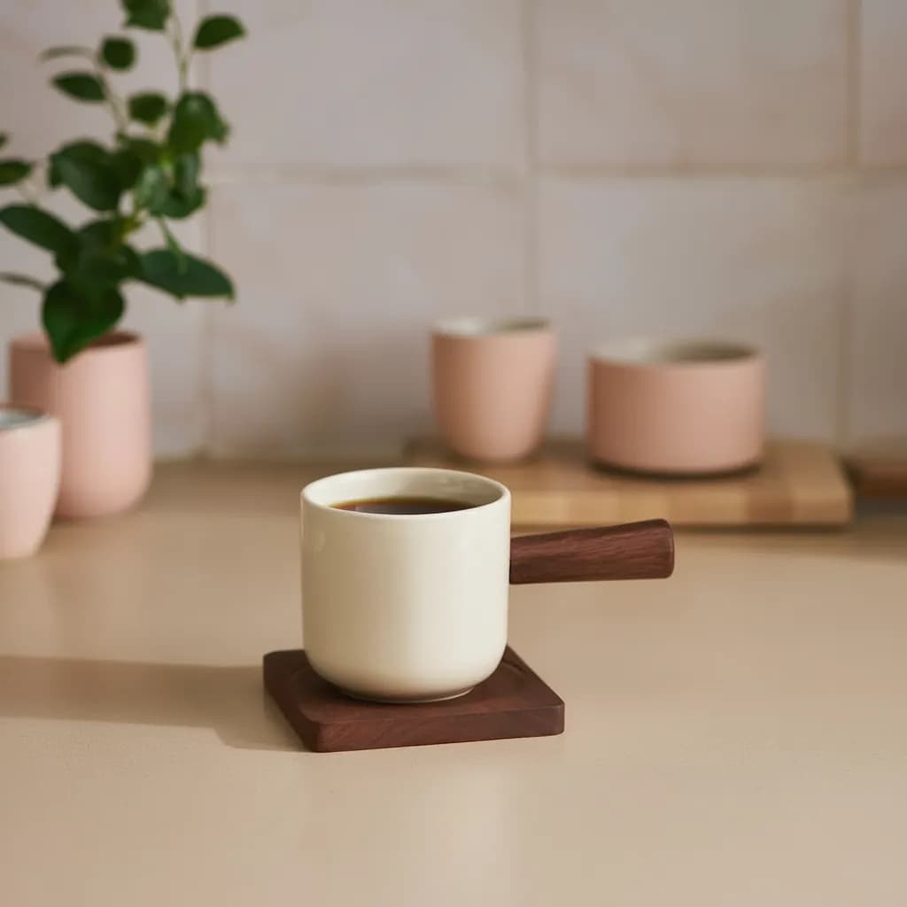 Ceramic Mug with Wooden Handle & Coaster - Cream - Cups