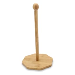 Single light brown wood paper towel holder with an irregular hexagonal base and a round finial on a white background. - view 2