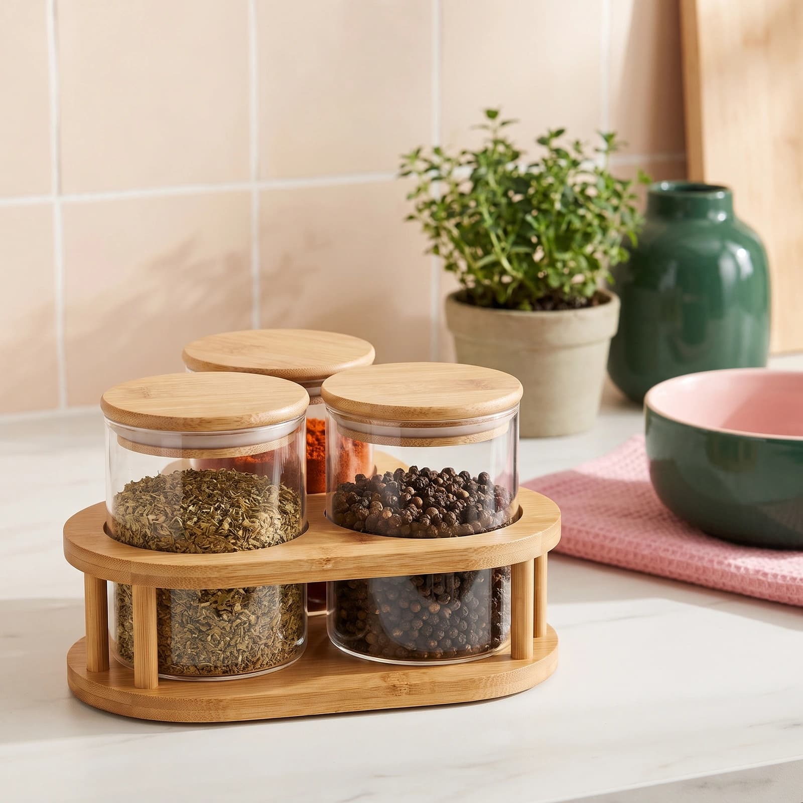 3 Clear Glass Storage Jars with Wood Stand & Lids - Kitchen essentials