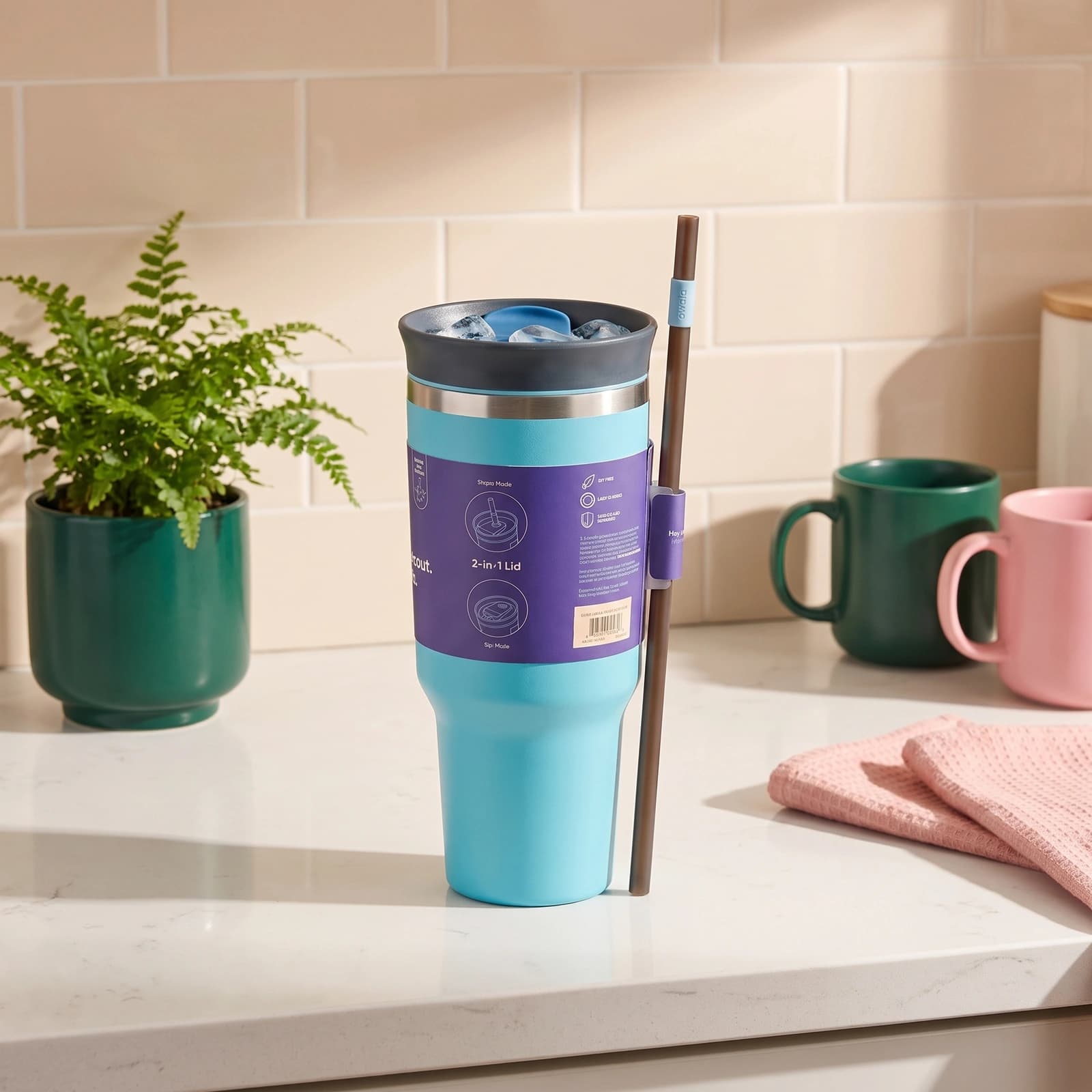 Stainless Steel Tumbler with Straw - Aqua - bottles