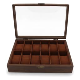 Dark brown wood watch storage box with a clear glass lid, 12 individual light brown velvet-lined compartments, and a gold-to… - view 3
