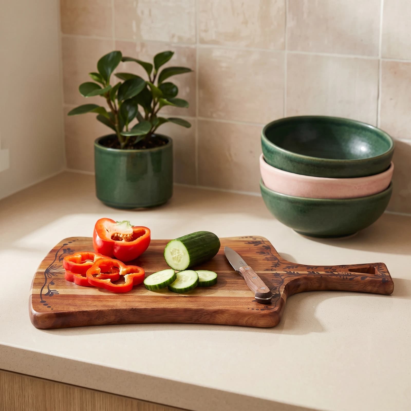 Rectangular acacia wood cutting board with a handle and black floral etching on a white background