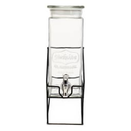 Clear rectangular glass beverage dispenser with a silver spigot and a matching glass lid, sitting on a black wire metal stan… - view 3