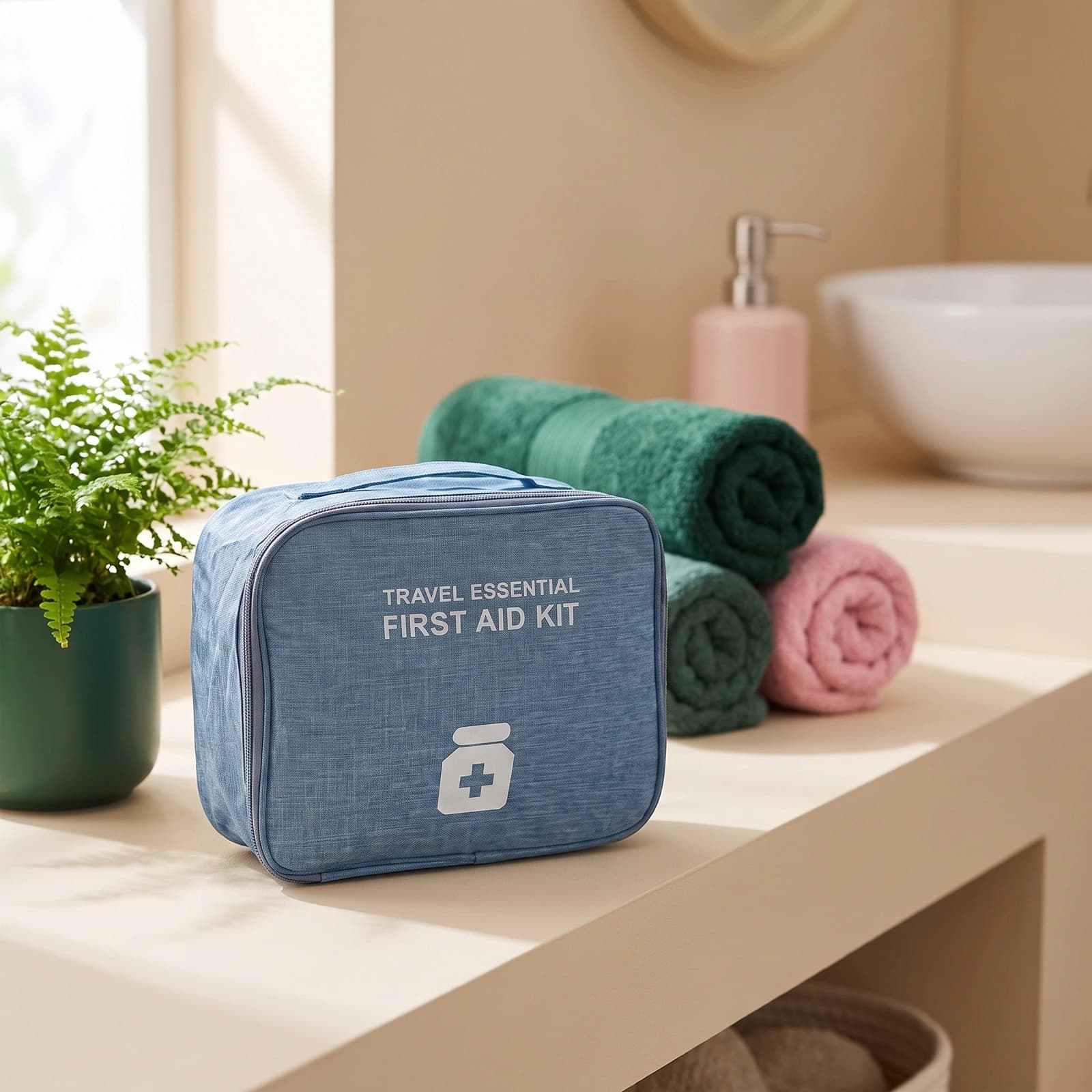 Light blue fabric first aid kit bag with "TRAVEL ESSENTIAL FIRST AID KIT" text and a white medical bottle icon.