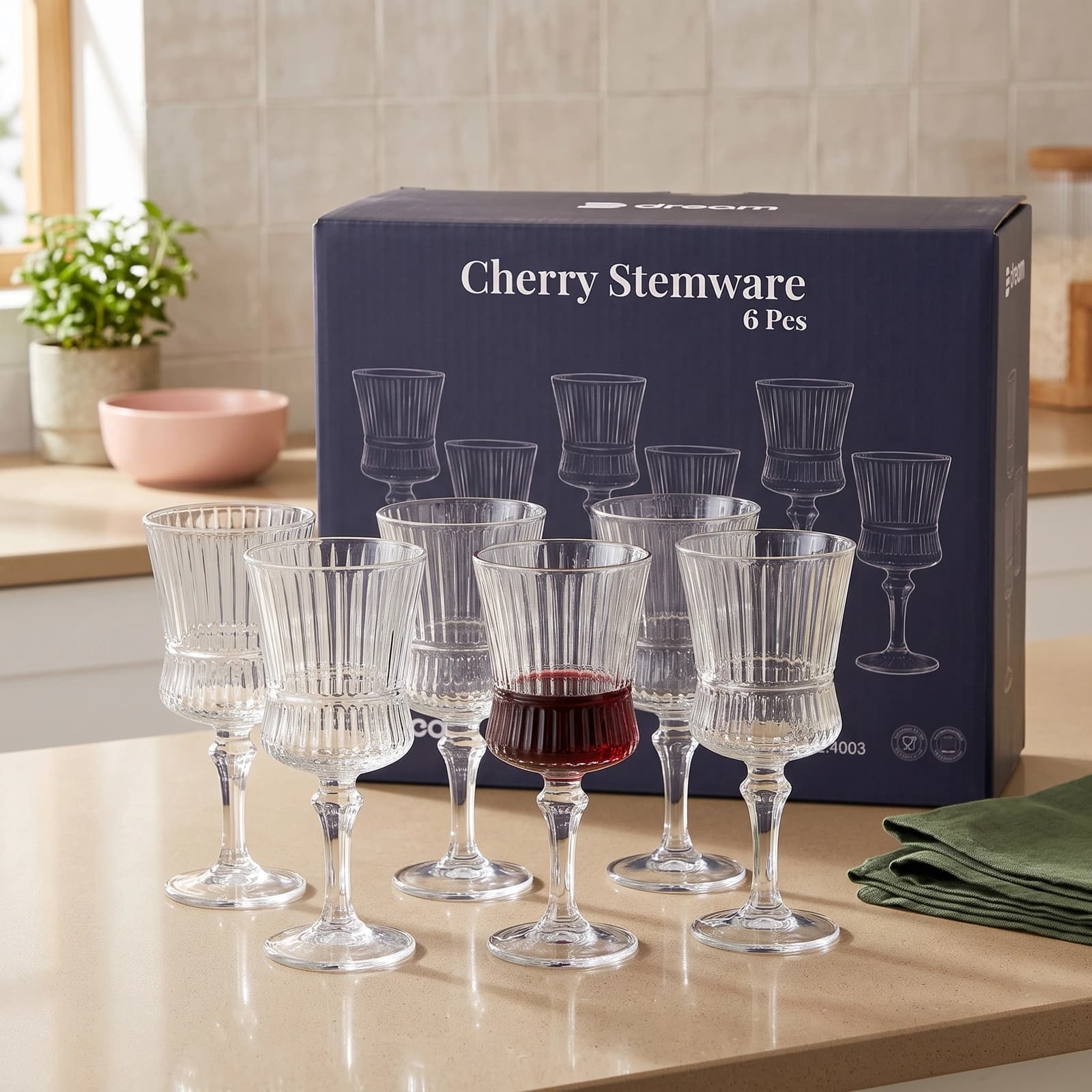 Ribbed Glass Stemware Set - 6 Pieces - Cups