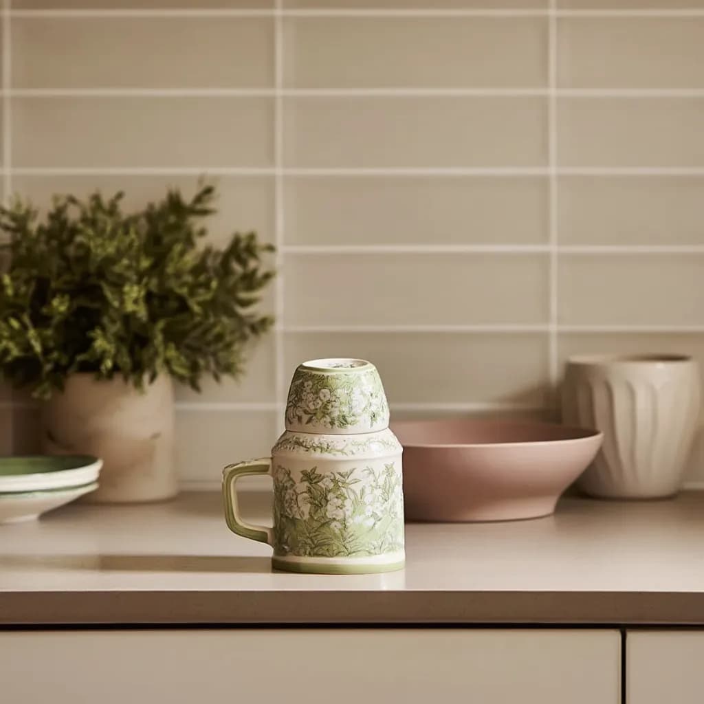 Porcelain Jug & Cup Set - Green Floral - Kitchen essentials