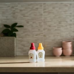 Two translucent white plastic squeeze bottles with red and yellow caps, labeled for ketchup and salad dressing, on a kitchen… - view 1