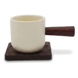 Cream ceramic mug with dark brown wooden handle and matching square wooden coaster on a white background - view 3