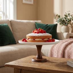 White porcelain cake stand with a dark brown wooden pedestal base on a white background, viewed from a slight angle. - view 4