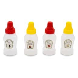 Four clear plastic squeeze bottles with red and yellow caps, labeled for soy sauce, honey mustard, ketchup, and salad dressi… - view 2
