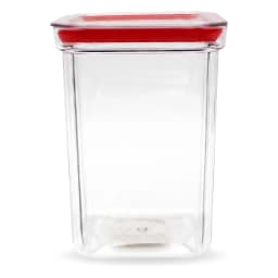 Clear rectangular plastic storage container with a red lid on a white background - view 2