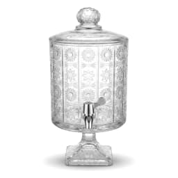 Clear glass beverage dispenser with decorative patterned body, silver spigot, and matching lid on a white background. - view 3