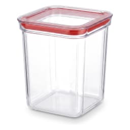 Clear rectangular plastic storage container with a red lid on a white background - view 3