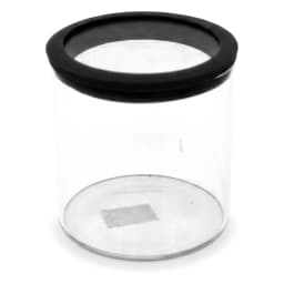 Clear cylindrical glass storage jar with a black circular lid on a white background, viewed from the front. - view 2