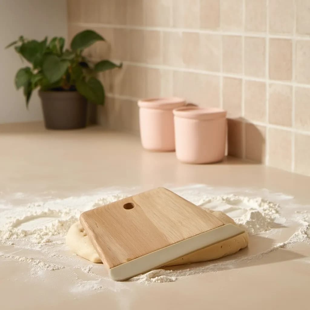 Light brown wooden dough scraper with a beige plastic blade and a hanging hole, on a white background.