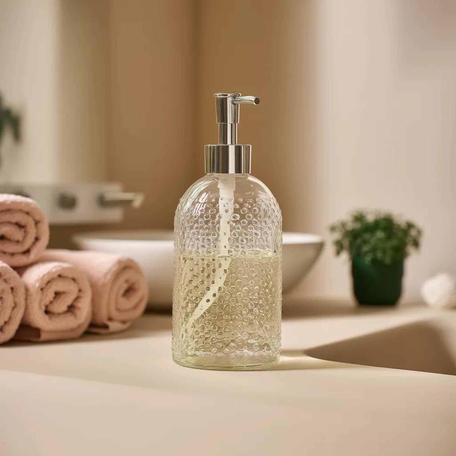 Clear glass soap dispenser with a silver pump and a textured dotted pattern, filled with light yellow liquid soap, on a bath…