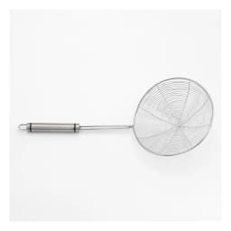 Silver metal skimmer with a round fine mesh head and a long cylindrical metal handle on a white background. - view 2