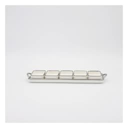 Cream porcelain serving set with five square bowls and a rectangular tray, all with silver trim, on a white background. - view 3