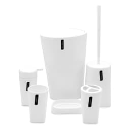 Six white plastic bathroom accessories set including a trash can, toilet brush, soap dispenser, tumbler, soap dish, and toot… - view 7