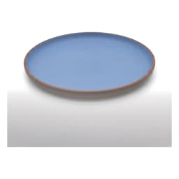 Round blue melamine plate with a brown rim, holding scrambled eggs, avocado, and cherry tomatoes. - view 3