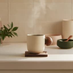 Cream ceramic cup with a round dark wood handle, sitting on a square dark wood coaster, on a white background. - view 1