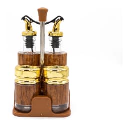 Four-piece glass cruet set with wood-grain design and gold caps on a brown plastic stand, on a white background. - view 3