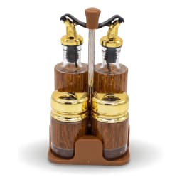 Four-piece glass cruet set with wood-grain design and gold caps on a brown plastic stand, on a white background. - view 2