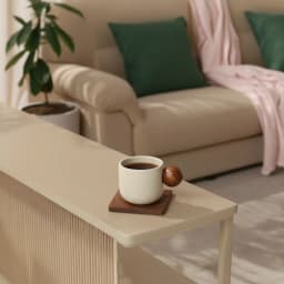 Cream ceramic cup with a round dark wood handle, sitting on a square dark wood coaster, on a white background. - view 4
