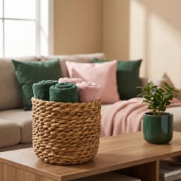 Set of three round natural light brown khous storage baskets of varying sizes on a white background. - view 1