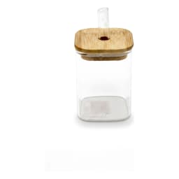 Clear square glass cup with a light brown wooden lid and a clear glass straw on a white background. - view 2