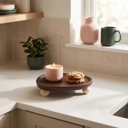 Dark brown wooden oval serving tray with three light natural wood geometric legs on a white background. - view 4