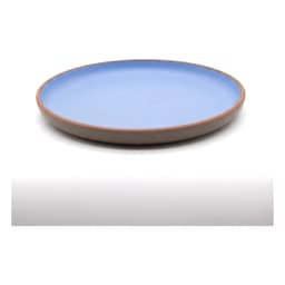 A single round blue melamine plate with a visible brown rim, resting on a plain white background. - view 3